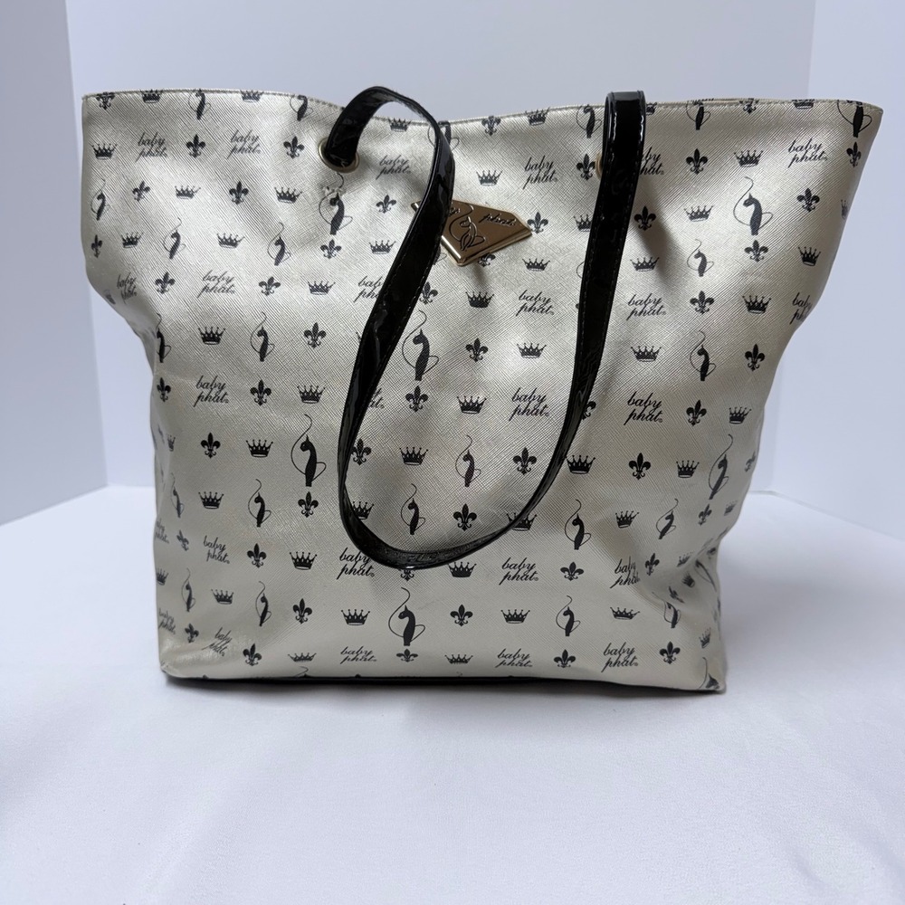 Vintage Baby Phat Y2K Faux Leather Tote Bag Large Gold Black Shoulder Bag Purse